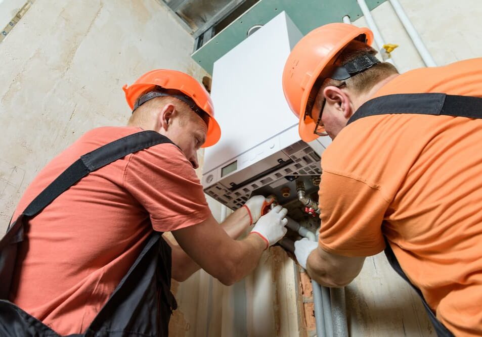 Two experts from Service Line Group perform a warranty service on a gas line